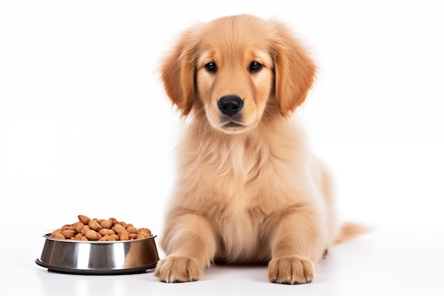 Ritratto a grandezza naturale di un triste cane Golden Retriever con una grande ciotola di cibo per cani isolato su sfondo bianco