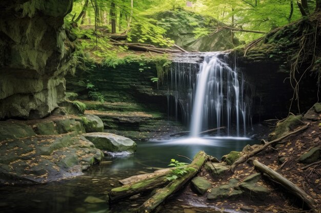 Ritratto a lunga esposizione di una cascata che scorre attraverso una foresta serena creata con ai generativi