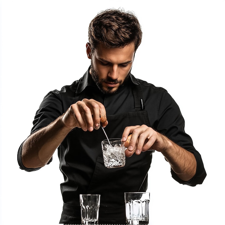 Foto ritratto a mezzo corpo barista maschio che mescola le bevande in camicia nera