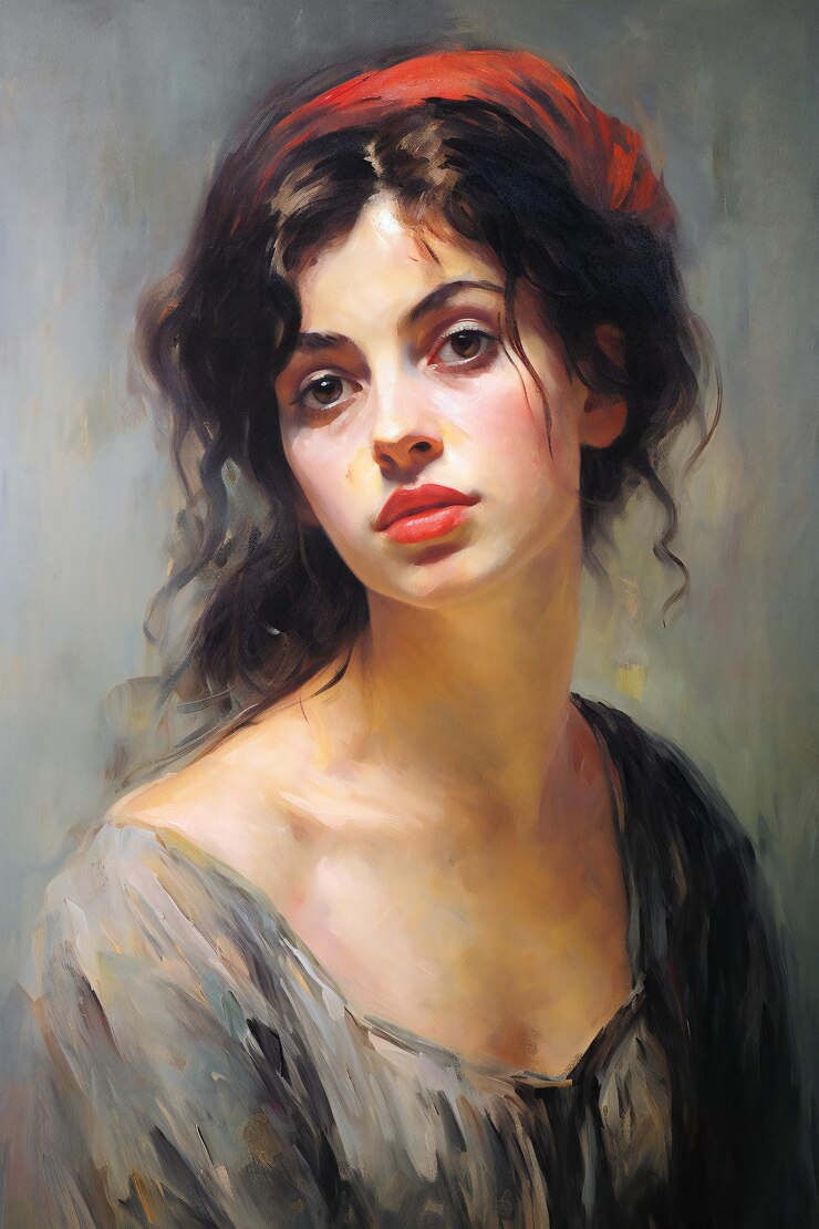 Ritratto a olio artistico di una bella giovane donna con i capelli neri