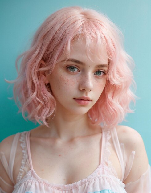 Ritratto a tema pastello di una bella ragazza dai capelli rosa