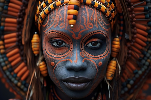 Ritratto a testa di una bella donna afroamericana con un antico disegno tradizionale di vernice per il viso e gioielli che guarda la telecamera