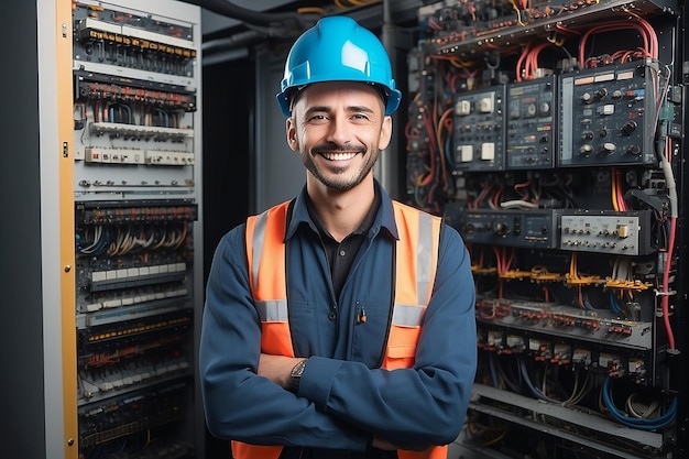 Ritratto a tutta lunghezza di un ingegnere sorridente