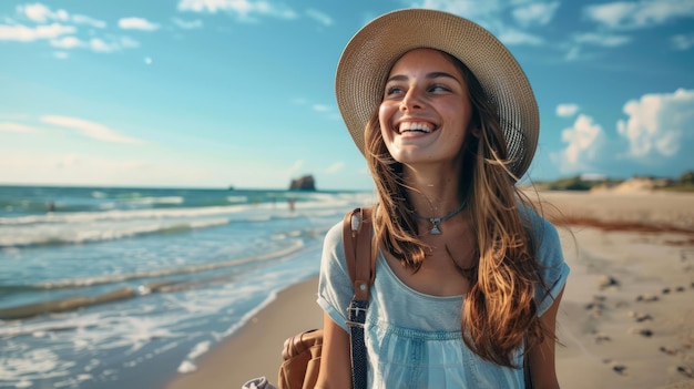 Ritratto a tutta lunghezza di una felice giovane donna di spiaggia con il cappello che va di lato