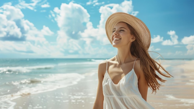 Ritratto a tutta lunghezza di una felice giovane donna di spiaggia con il cappello che va di lato