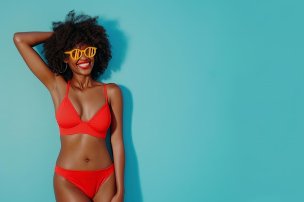 Ritratto a tutto corpo di una divertente giovane felice donna afroamericana in costume da bagno rosso che va in vacanza estiva e si diverte su uno sfondo blu dello studio con spazio di copia Concetto di vacanza e viaggio