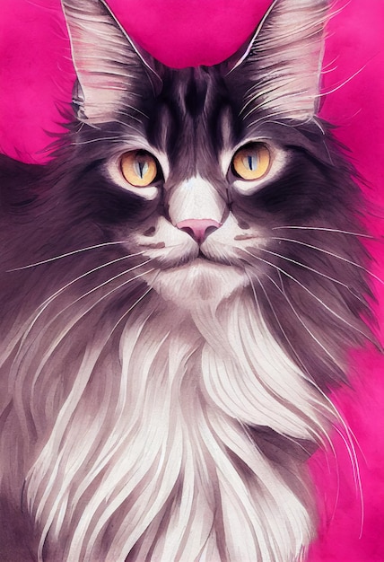 Ritratto ad acquerello del simpatico gatto Maine Coon