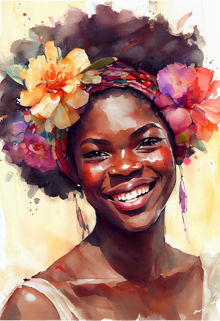 Ritratto ad acquerello di bella donna nera sognante sorridente con fiori tropicali. IA generativa