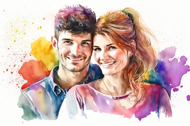 Ritratto ad acquerello di coppia sorridente creato utilizzando la tecnologia generativa ai