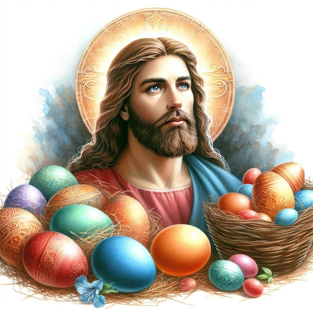 Ritratto ad acquerello di Gesù sull'uovo di Pasqua per il concetto delle vacanze di Pasqua