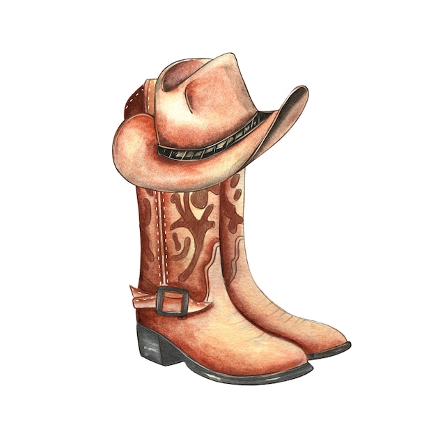 Ritratto ad acquerello di stivali e cappello da cowboy su uno sfondo bianco semplice