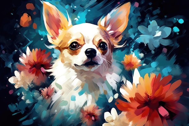 Ritratto ad acquerello di un bellissimo chihuahua carino tra fiori colorati primo piano estremo IA generativa