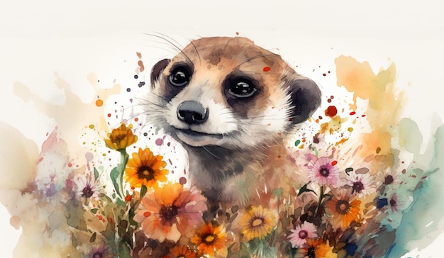 ritratto ad acquerello di un carino muso di suricata in fiori colorati AI generativa
