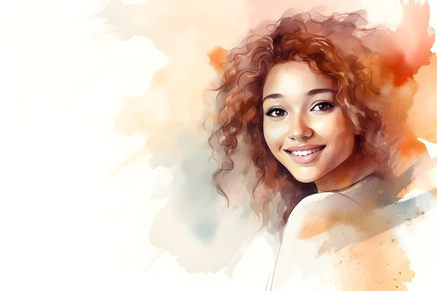 Ritratto ad acquerello di una bella donna giovane sorridente con i capelli ricci su una copertina a sfondo bianco