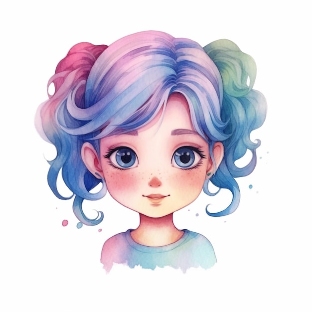 Ritratto ad acquerello di una ragazza con i capelli arcobaleno.
