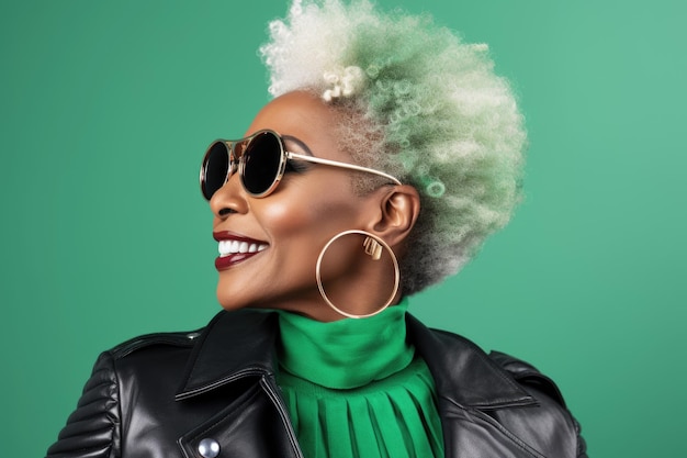 Ritratto affascinante di un'anziana donna afroamericana che indossa una giacca di pelle verde