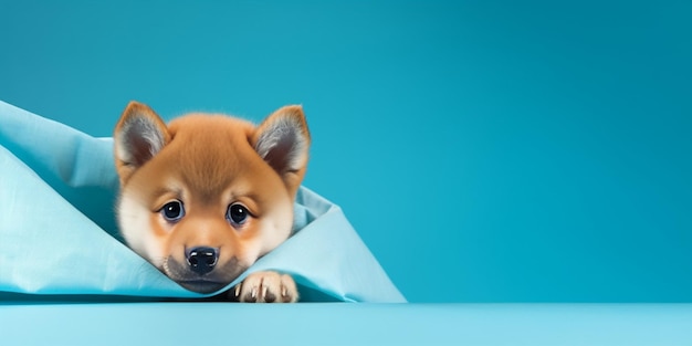 Ritratto AI generativo cucciolo di cane Shiba Inu divertente e felice che sbircia da dietro uno striscione blu