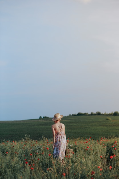 Ritratto all'aperto di estate della ragazza teenager con le fragole del canestro, cappello di paglia. Una ragazza sulla strada di campagna, vista posteriore. Priorità bassa della natura, paesaggio rurale, prato verde, stile country