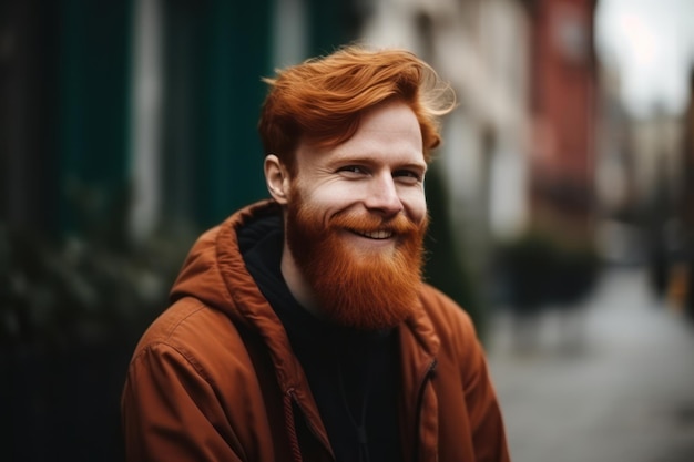 Ritratto all'aperto di giovane uomo di zenzero sorridente bello con la barba