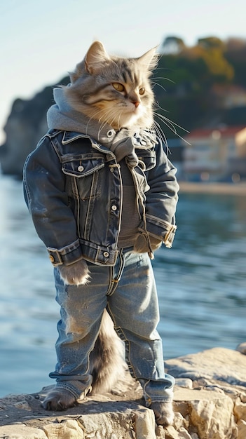 Ritratto all'aperto di un gatto uomo elegante e carino in jeans a vita bassa che incarna uno stile casuale ma professionale vicino al mare