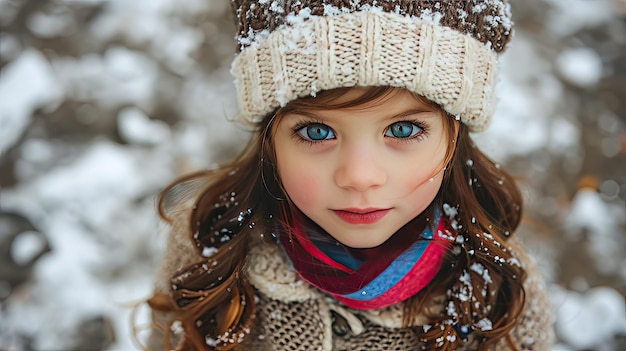 Ritratto all'aperto di una ragazza che indossa una sciarpa e un cappello di lana durante una nevicata
