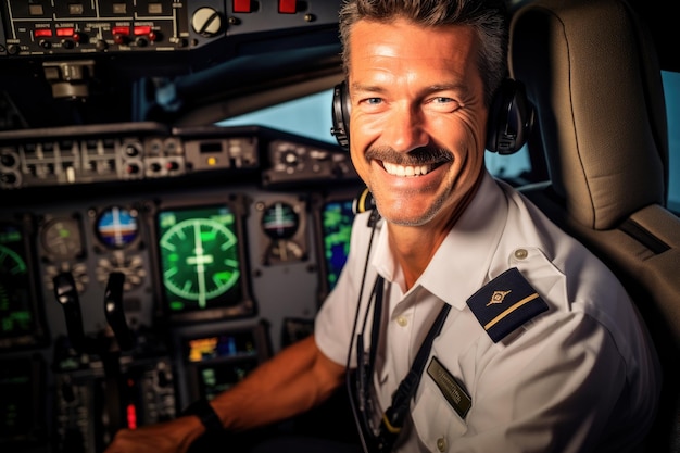 Ritratto ambientale di un pilota nella cabina di pilotaggio di un aereo pronto al decollo IA generativa