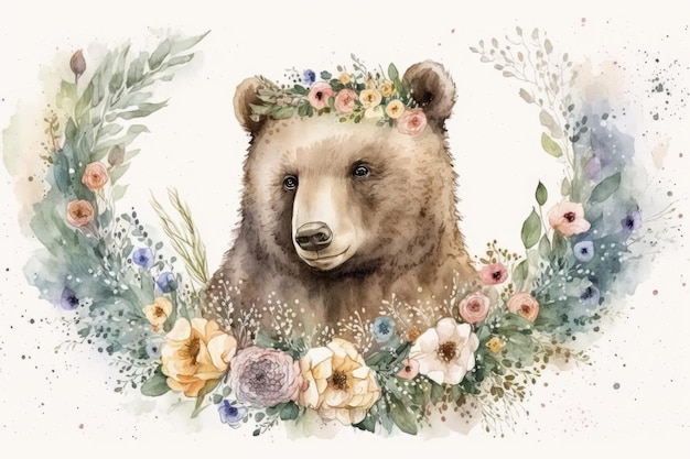 Ritratto animale dell'acquerello disegnato a mano di un simpatico orso in una corona di fiori o bouquet