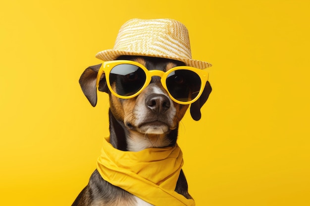 Ritratto antropomorfo di un cane di successo in occhiali da sole su sfondo giallo Cane che assomiglia al capo