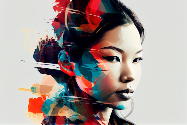 Ritratto asiatico astratto della donna con l'illustrazione di effetto di problema tecnico