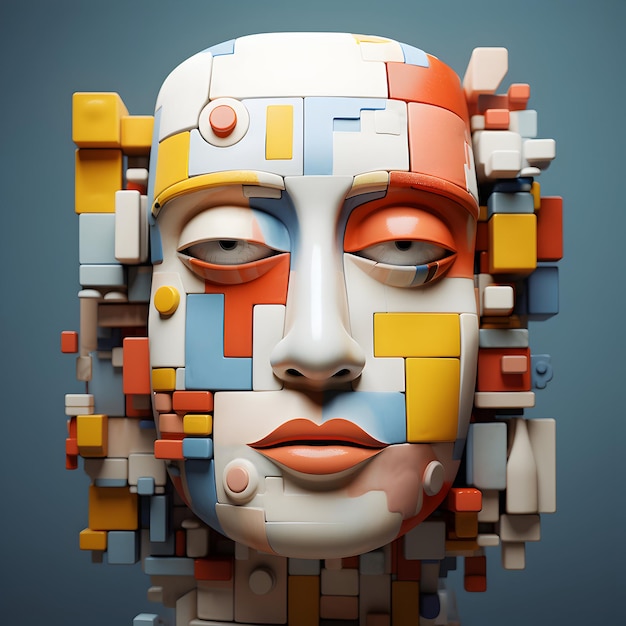 Ritratto astratto del volto umano fotografico in stile cubista su sfondo colorato ai generativo