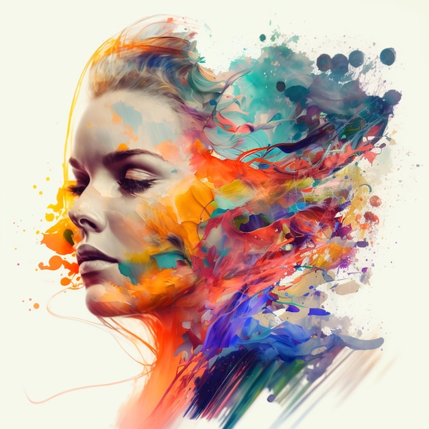 Ritratto astratto di una bella donna con una doppia esposizione e spruzzi di vernice digitale colorata