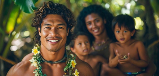 Ritratto autentico di un uomo tahitiano a petto nudo con la sua famiglia che mostra il loro forte legame.