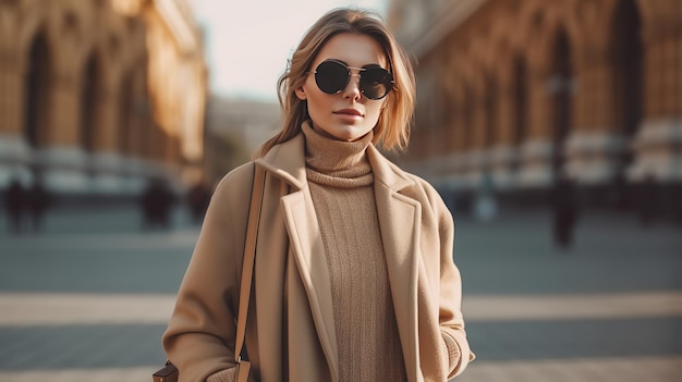 Ritratto autunnale all'aperto di giovane donna alla moda elegante che indossa occhiali da sole alla moda