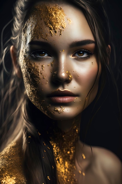Ritratto bella modella femminile con vernice dorata che copre il viso 8k fotografia di ritratto di moda professionale in stile fotografico AIGenerato
