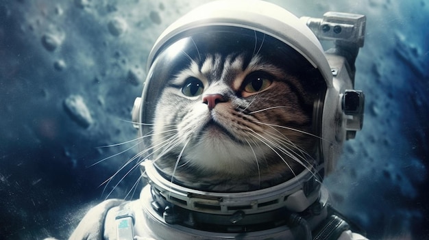 Ritratto Bellissimo gatto in costume da astronauta nello spazio sullo sfondo del pianeta generato AI