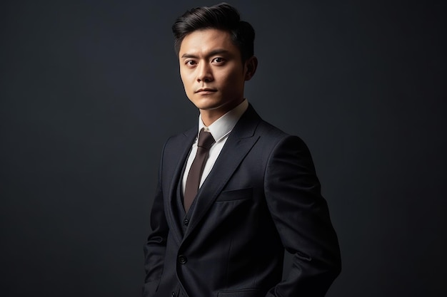 Ritratto bello e realistico di un giovane uomo d'affari asiatico di bell'aspetto e sicuro di sé mentre si trova isolato sullo sfondo bianco dello studio