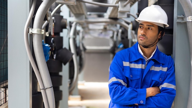 Ritratto bello fiducioso ingegnere professionista uomo che indossa l'uniforme di sicurezza e casco elmetto nel posto di lavoro di una fabbrica industriale