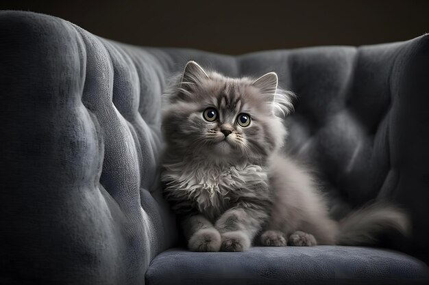 Ritratto Bello piccolo gatto su una fotografia grigia del sofà