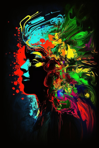 Ritratto brillantemente colorato di una donna con il copricapo generativo ai