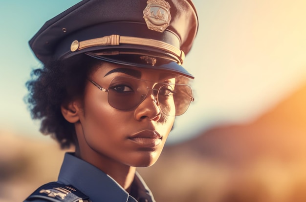 Ritratto carino di una poliziotta afroamericana Camera volto femminile di aspetto felice Generate Ai