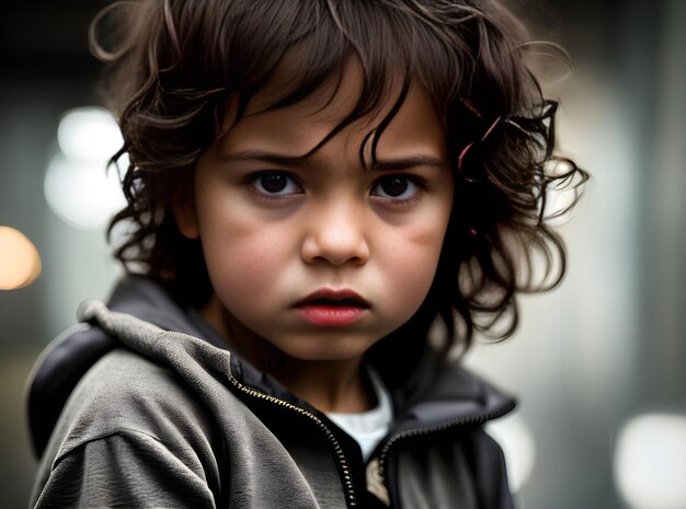 Ritratto cinematografico di un bambino arrabbiato con luce artificiale massimo dettaglio Generativa AI Generato