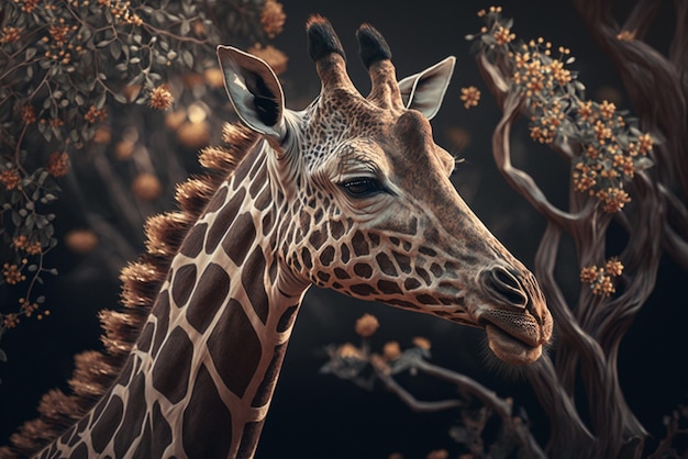 Ritratto cinematografico di una maestosa giraffa nella lussureggiante foresta