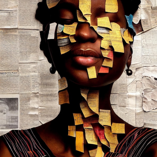 Ritratto collage di donna afroamericana fatta di riviste rendering 3d