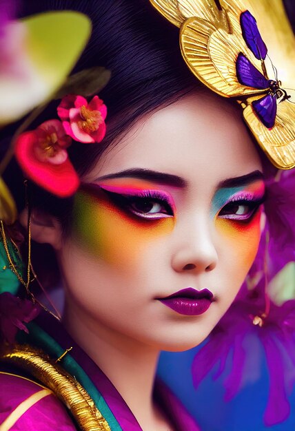 Ritratto colorato astratto di una bella geisha con bel trucco e fiori