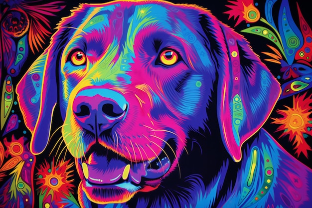 Ritratto colorato di un cane con motivi astratti su sfondo nero