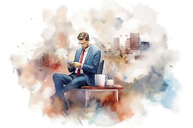 Ritratto colorato di un giovane uomo d'affari che utilizza il suo smartphone mentre è seduto su una sedia in un ufficio