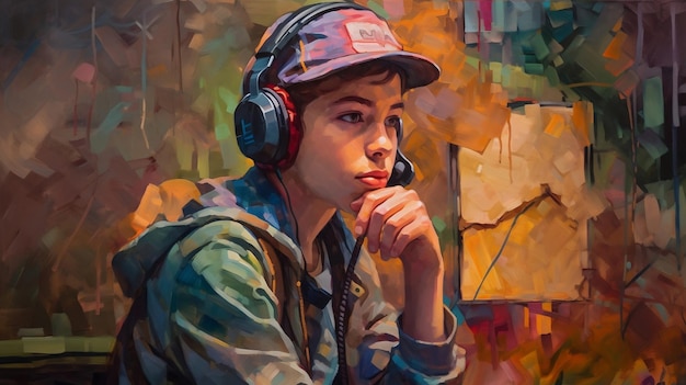 Ritratto colorato di un ragazzo che ascolta musica con cuffie e cappuccio