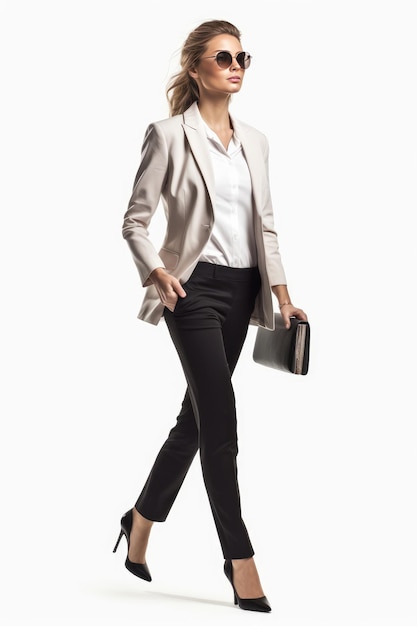 Ritratto completo del corpo di una donna d'affari che cammina isolata su sfondo bianco