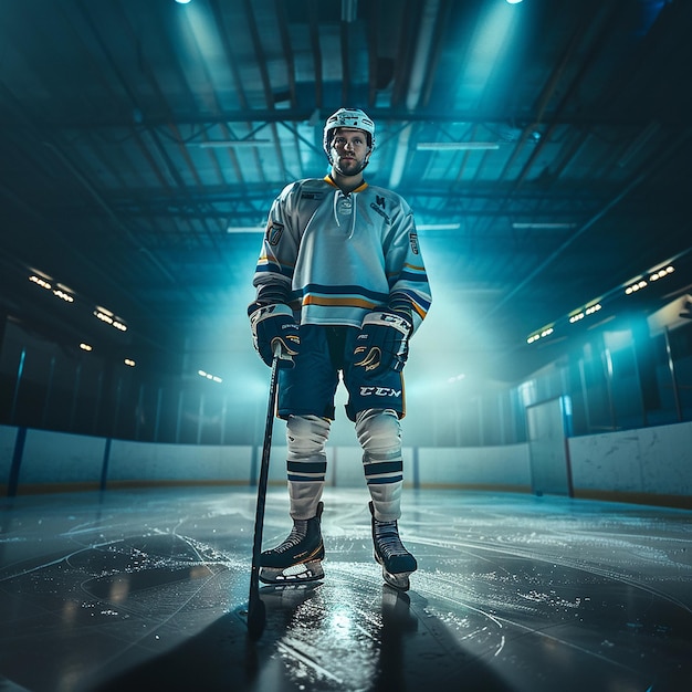 Ritratto completo di un giocatore di hockey su ghiaccio in attrezzatura completa