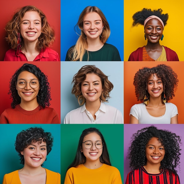 Ritratto composito di foto a testa di diverse donne sorridenti di tutti i sessi e di tutte le età, comprese tutte